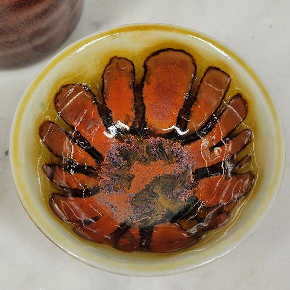 Vintage Ceramic Sake Set Brown Floral Motif Glazed Carafe Cups 3 Piece Set - Picture 6 of 16